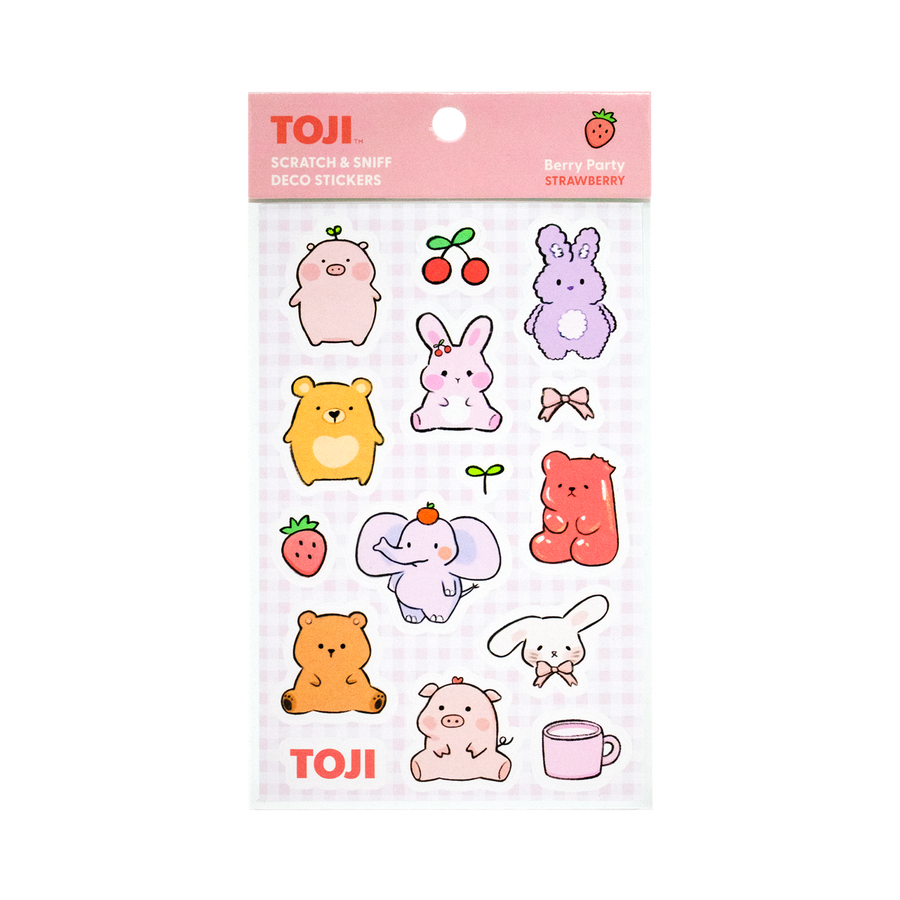 Packaging of TOJI scratch & sniff deco stickers with cartoon animal designs on a white background