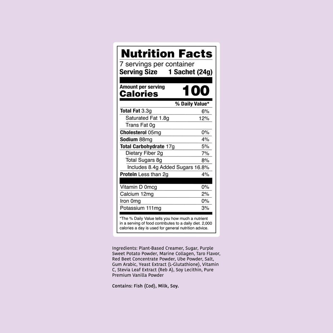 Clöud Café Ube Latte Nutrition Facts, 7-count sachets, 100 calories, formulated with Marine Collagen and Glutathione)