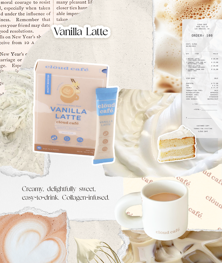 Vanilla Latte inspired moodboard, featuring creamy beige and white tones. Banner reads 