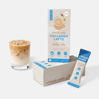 Clöud Café Collagen Vanilla Latte instant sachet and retail carton with iced vanilla latte in clear glass next to product box, featuring 1000mg marine collagen, hyaluronic acid, and multivitamin blend, lactose-free gluten-free Korean instant Arabica blend, 7 count.