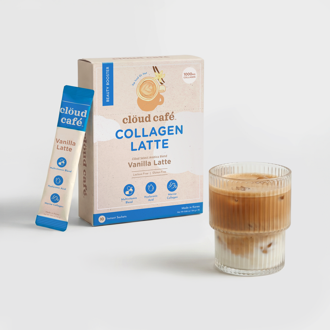 Clöud Café Collagen Vanilla Latte instant coffee sachet box with iced layered latte in ribbed glass, featuring 1000mg marine collagen, hyaluronic acid, and multivitamin blend, lactose-free gluten-free Korean instant coffee, 10 count.