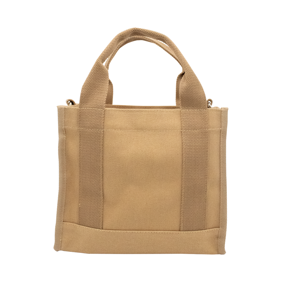 Back-facing brown canvas tote bag with embroidered "Clöud Café" logo text.