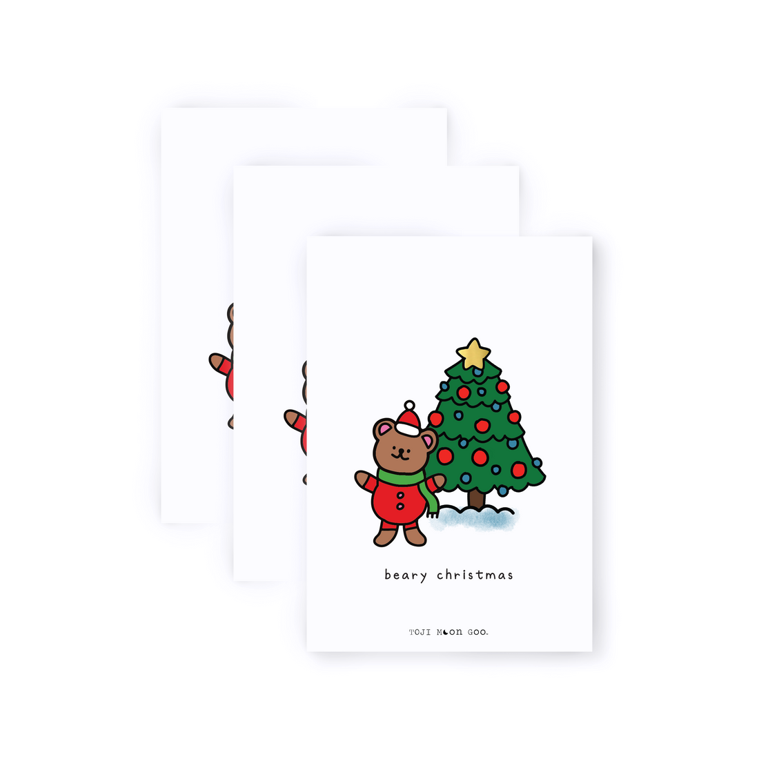 Trio Pack. White card with illustration of brown bear in a Santa Suit, next to a Christmas Tree. Card reads "beary christmas"