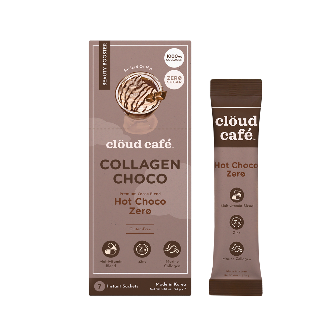 Clöud Café Hot Choco Zero collagen-infused instant sachet box and stick pack, zero sugar premium cocoa blend, made in Korea