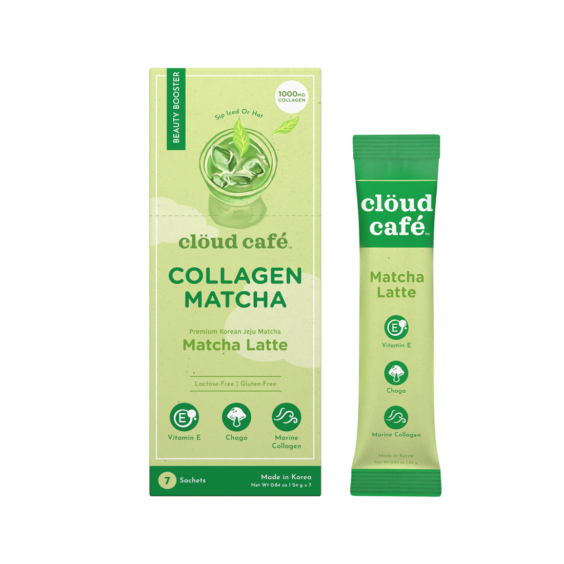 Clöud Café Matcha Latte collagen-infused instant sachet box and stick pack, premium Korean Jeju matcha with Chaga, made in Korea