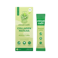 Clöud Café Matcha Latte collagen-infused instant sachet box and stick pack, premium Korean Jeju matcha with Chaga, made in Korea