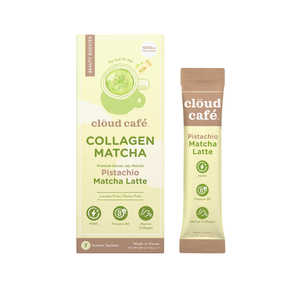 Clöud Café Pistachio Matcha Latte collagen-infused instant sachet box and stick pack, Korean Jeju matcha with NMN and Vitamin B3