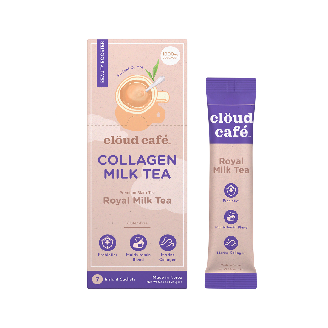 Clöud Café Royal Milk Tea collagen-infused instant sachet box and stick pack, premium black tea with probiotics, made in Korea