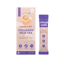 Clöud Café Royal Milk Tea collagen-infused instant sachet box and stick pack, premium black tea with probiotics, made in Korea