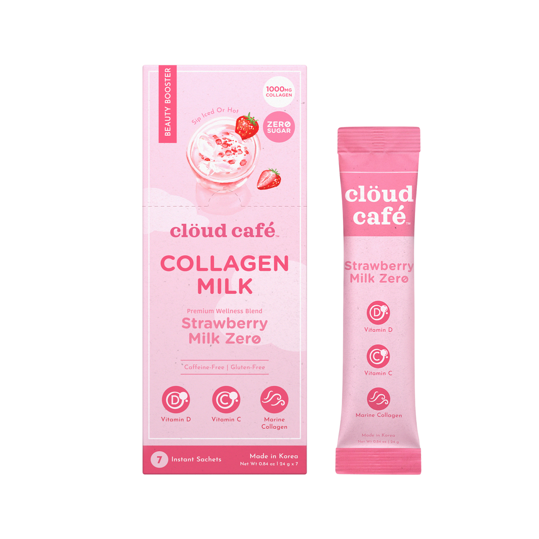 Clöud Café Strawberry Milk Zero collagen-infused instant sachet box and stick pack, zero sugar caffeine-free wellness blend, made in Korea
