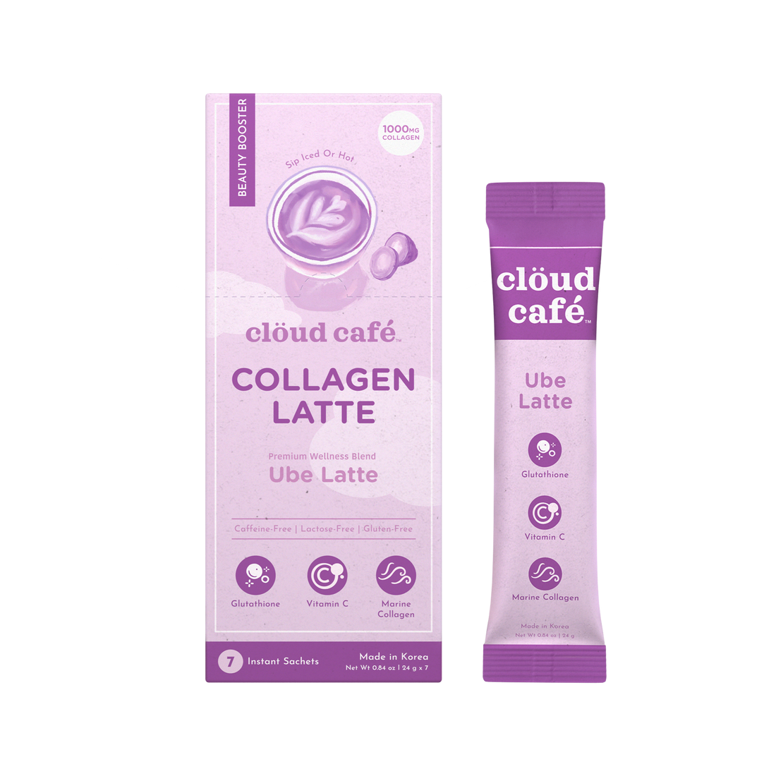 Clöud Café Ube Latte collagen-infused instant sachet box and stick pack, caffeine-free with Glutathione and Vitamin C, made in Korea