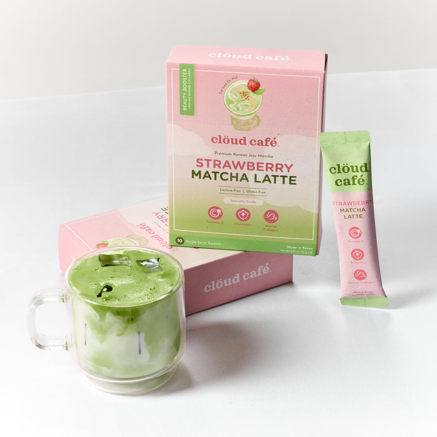 Cloud Cafe Strawberry Matcha Latte packaging with a glass of matcha latte on a white background