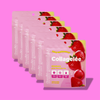 6 pouches of Collagelée strawberry-flavored fruit gummies against a pink background. The package highlights that it is gluten-free and dairy-free with an emphasis on collagen content.