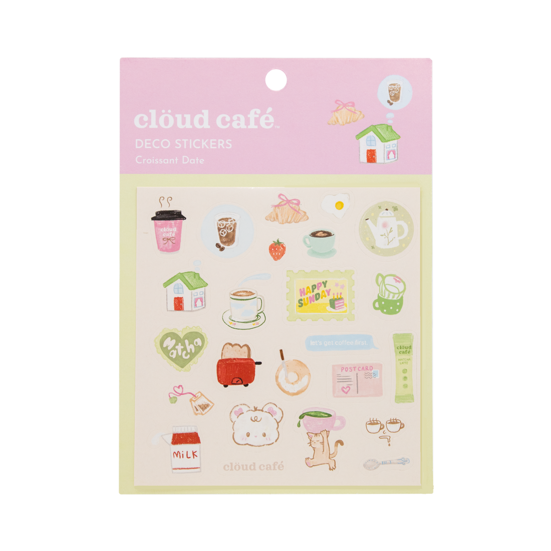 Pack of cloud café deco stickers with various illustrations on a pink background