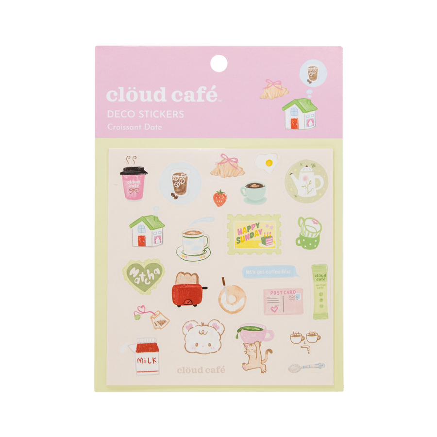 Pack of cloud café deco stickers with various illustrations on a pink background