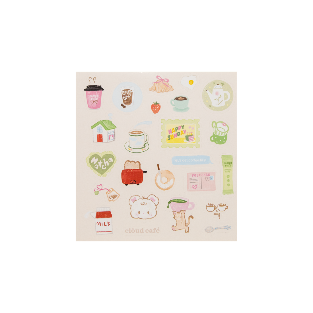 Cloud Cafe themed illustrated stickers in a muted pastel tone. 