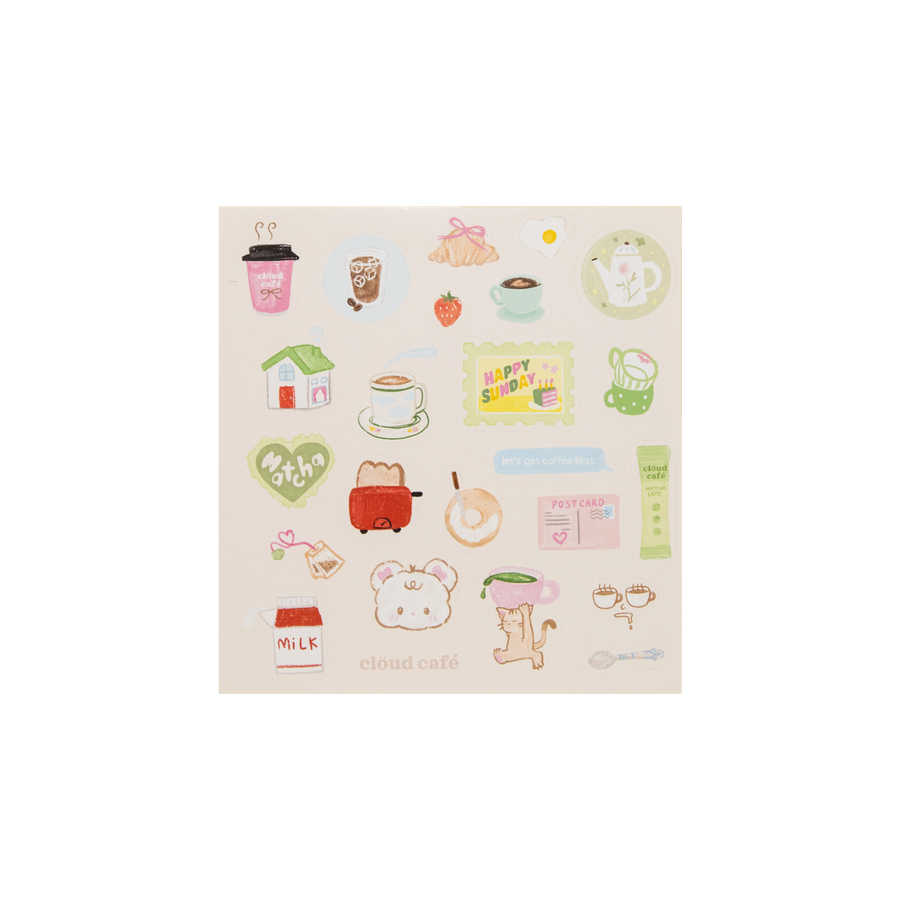 Cloud Cafe themed illustrated stickers in a muted pastel tone. 