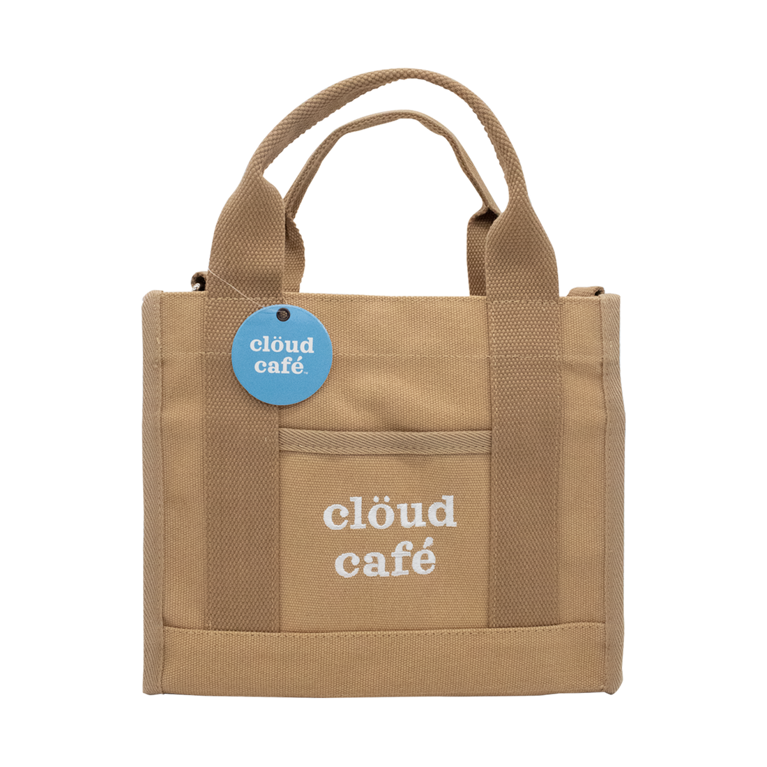 Front-facing brown canvas tote bag with embroidered "Clöud Café" logo text.