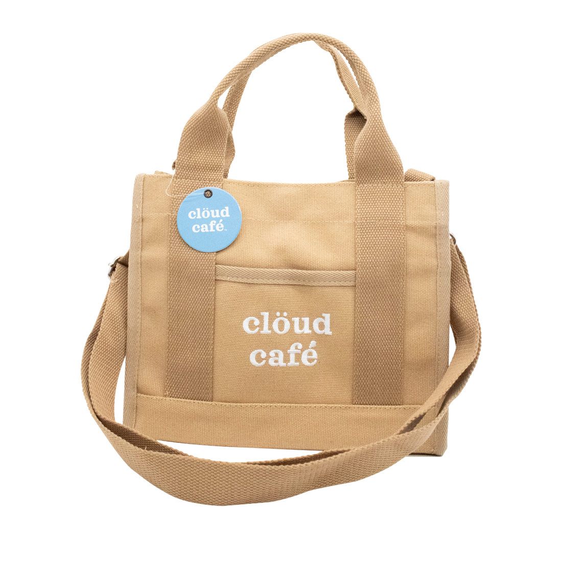 Front-facing brown canvas tote bag with strap and embroidered "Clöud Café" logo text.