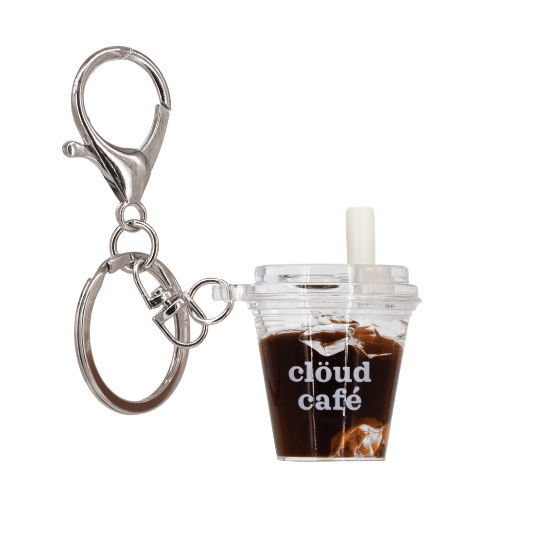 Mini iced coffee cup keychain with silver lobster clasp, clear acrylic cup charm, and “cloud café” logo – cute miniature drink accessory for keys, bags, and backpacks.