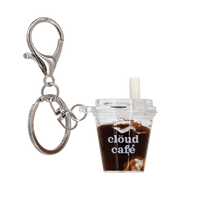 Mini iced coffee cup keychain with silver lobster clasp, clear acrylic cup charm, and “cloud café” logo – cute miniature drink accessory for keys, bags, and backpacks.