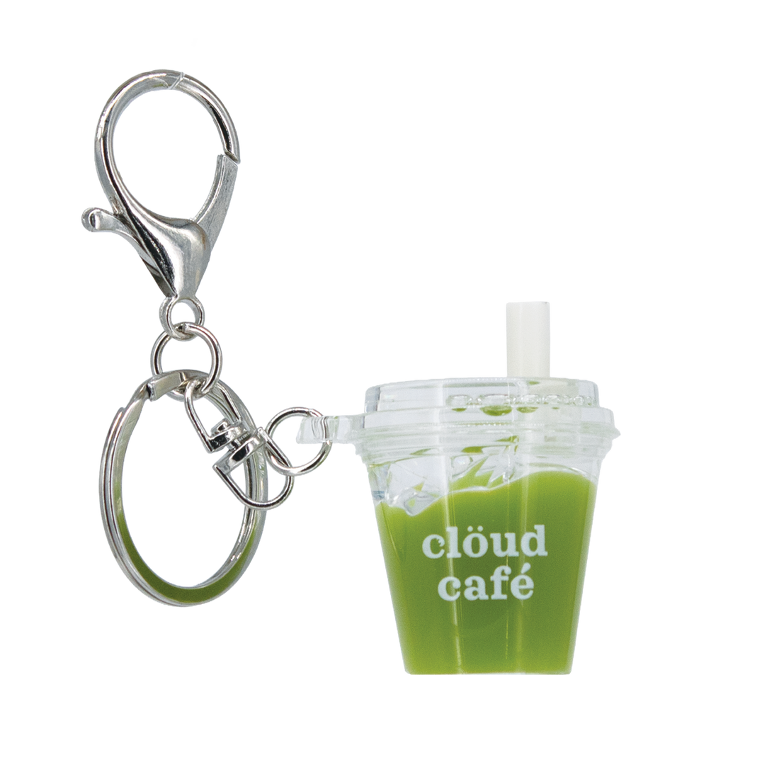Mini iced matcha latte keychain with silver lobster clasp, clear acrylic cup charm, and “clöud café” logo – realistic shaker drink accessory with floating ice cubes for keys, purses, and bags.