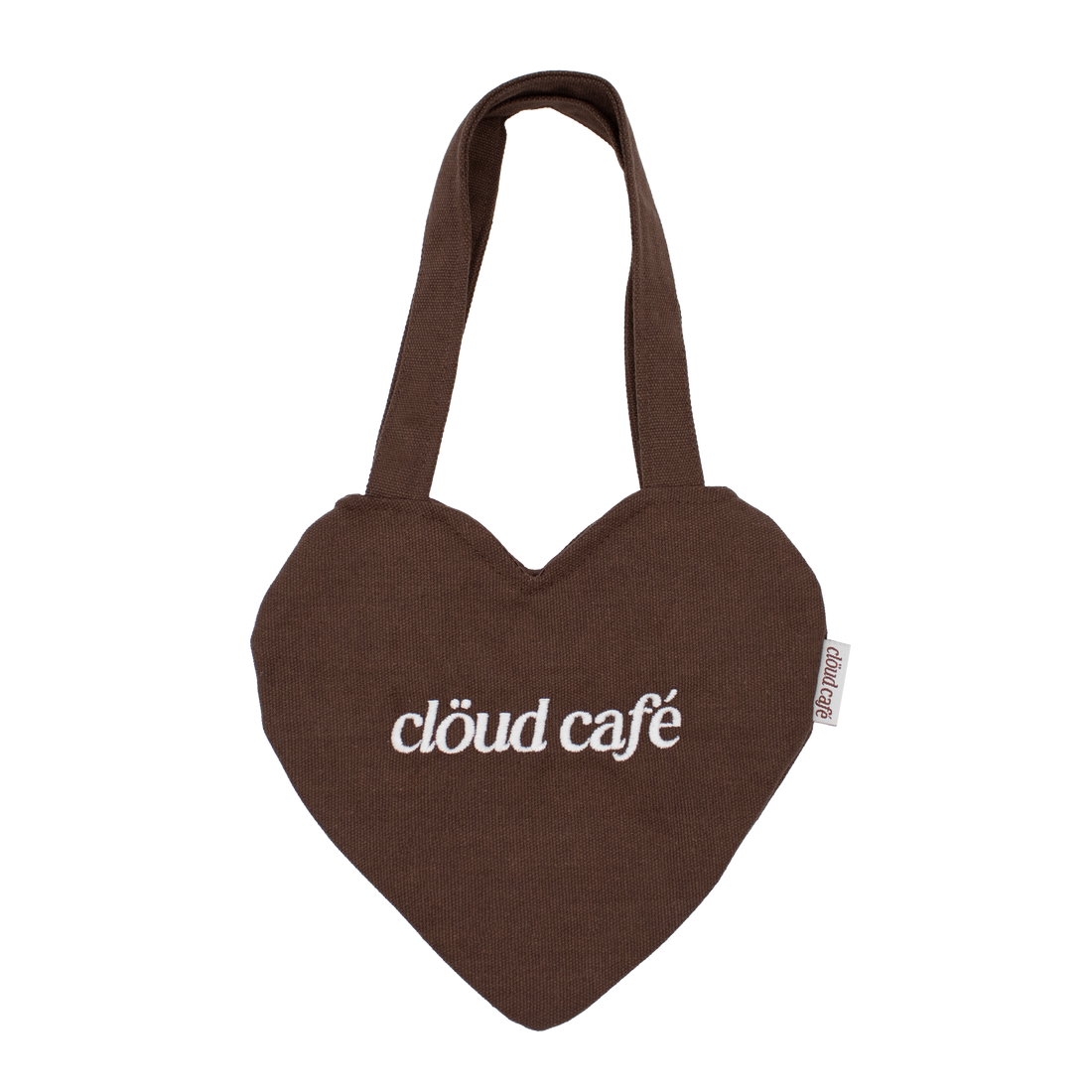 Chocolate-brown colored mini tote bag with white cloud cafe embroidered logo.