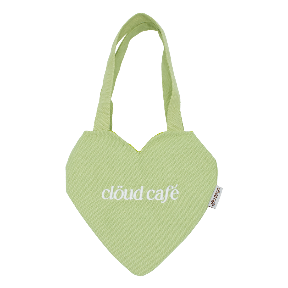 Light pastel green canvas mini heart tote bag with white embroidered logo.
