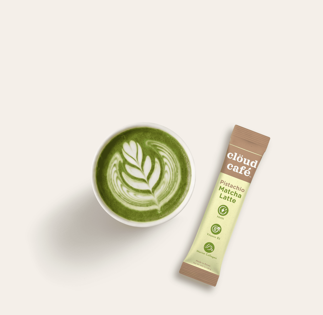 Matcha latte with a cloud café matcha latte powder sachet on a white background