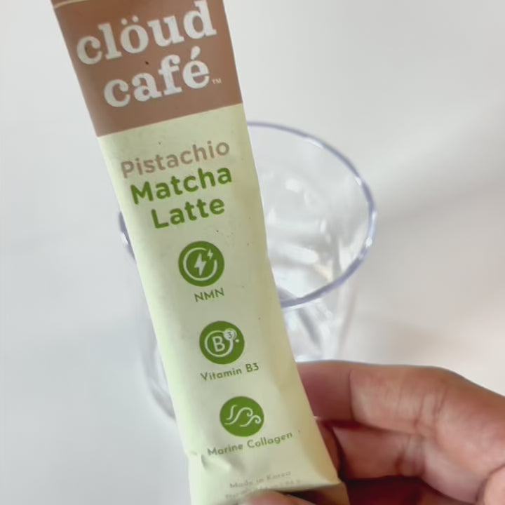 Clöud Café new Collagen sampler set featuring Pistachio Matcha Latte, Ube Latte, Strawberry Milk Zero, Strawberry Matcha Latte, and Hot Choco Zero sachets