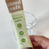 Clöud Café new Collagen sampler set featuring Pistachio Matcha Latte, Ube Latte, Strawberry Milk Zero, Strawberry Matcha Latte, and Hot Choco Zero sachets