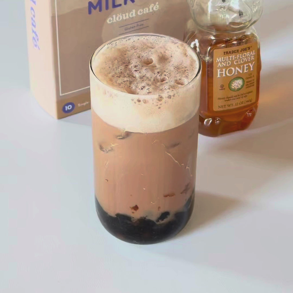 Clöud Café Collagen Royal Milk Tea boba recipe video featuring a creamy milk tea drink