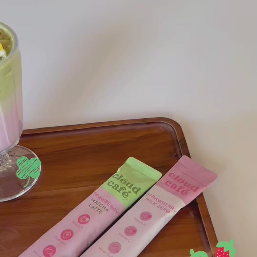 Clöud Café Collagen Strawberry Milk Zero and Strawberry Matcha Latte lucky charm recipe video