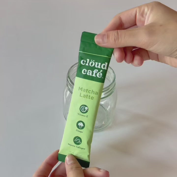 Clöud Café Collagen sampler set featuring Matcha Latte, Royal Milk Tea, Vanilla Latte, Churro Latte, and Black Coffee sachets