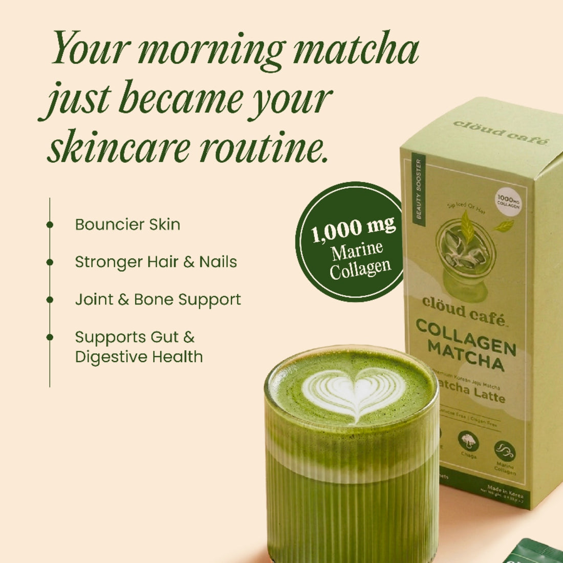 Collagen Matcha latte with a box of Clöud Café Collagen Matcha on a beige background