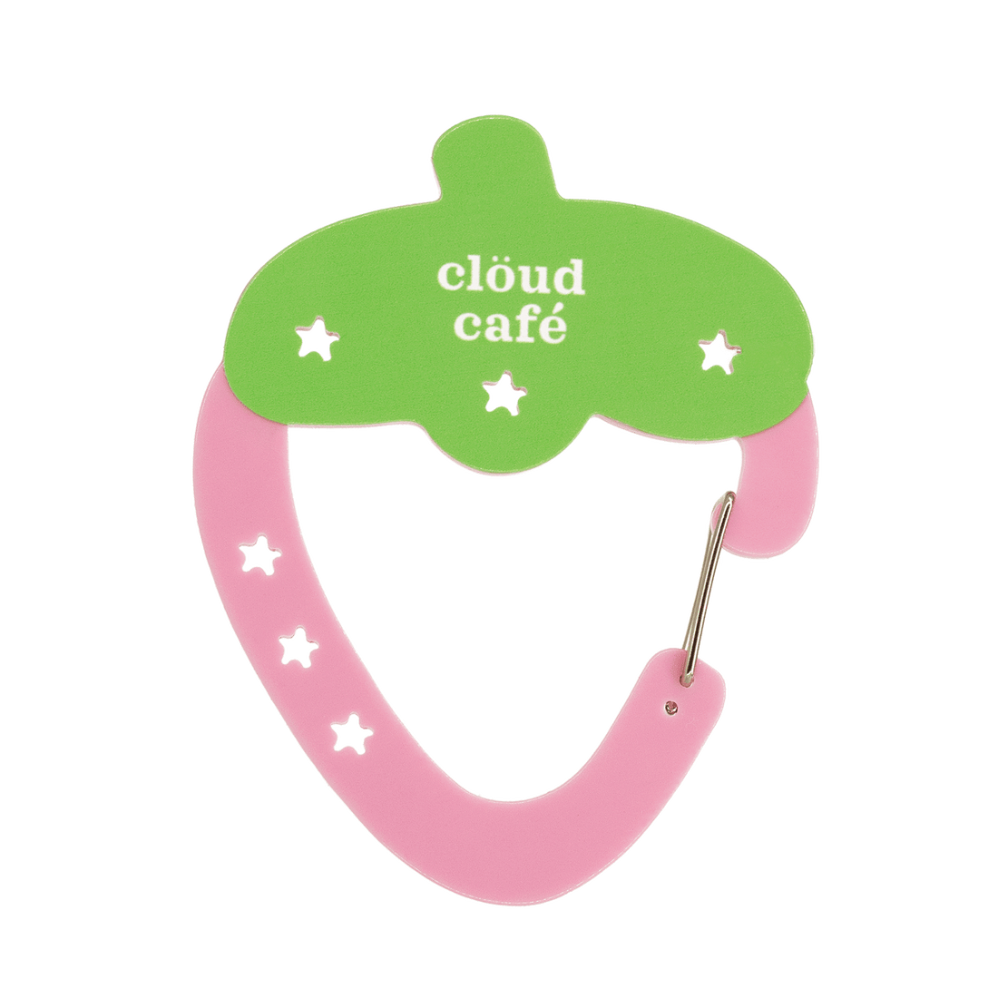 Pink and green strawberry-shaped carabiner charm with star cutout details and Clöud Café logo, designed to hold bag charms, keychains, and accessories for tote bags, purses, backpacks, and keys.