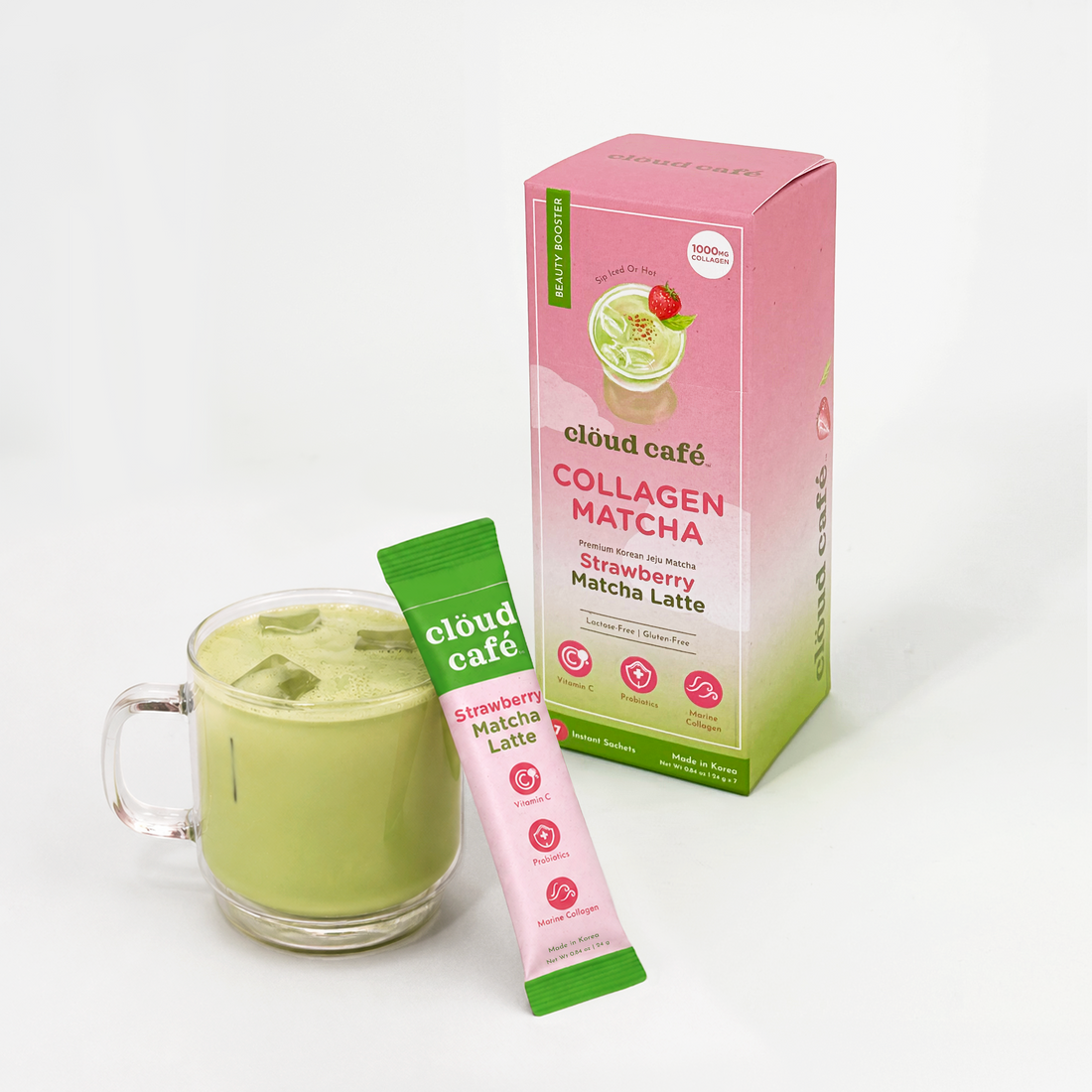 Clöud Café Collagen Strawberry Matcha Latte instant sachet and pink ombre product box with vibrant green iced matcha latte in clear glass mug, featuring 1000mg marine collagen, probiotics, and vitamin C, lactose-free gluten-free Korean Jeju matcha instant blend, 7 count.