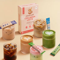 Clöud Café drinks and sachets on a beige background
